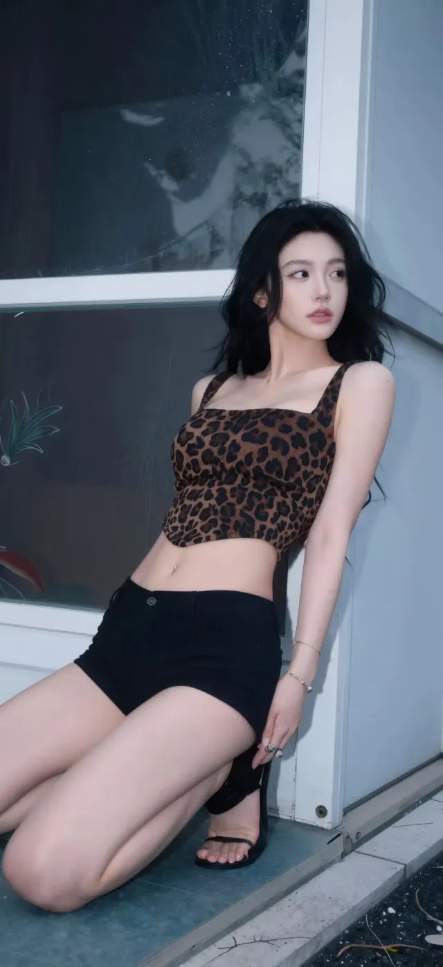 豹纹吊带美女跪姿侧颜性感写真手机壁纸