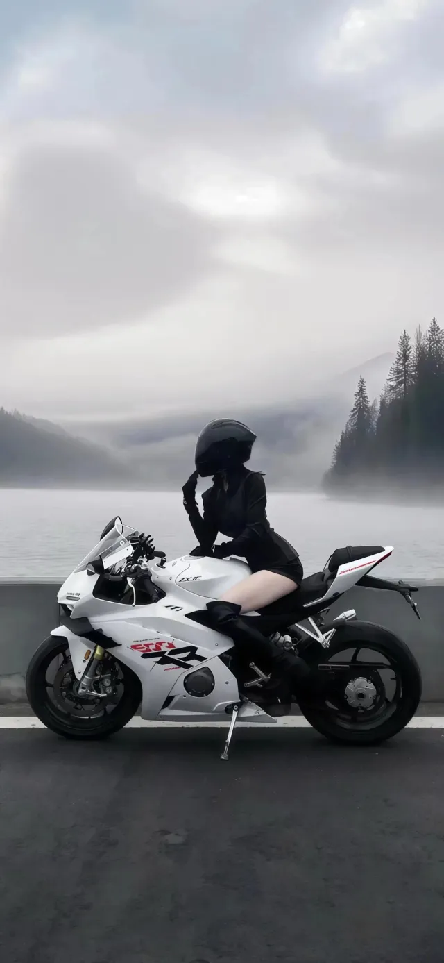 川崎ZX10R白色跑车黑衣骑士湖畔雾景手机壁纸