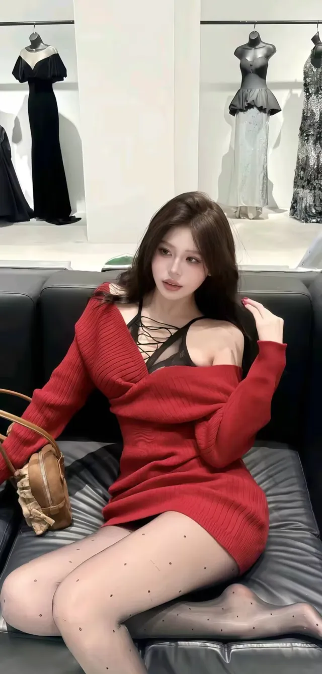 红色针织裙女性沙发时尚写真人物手机壁纸