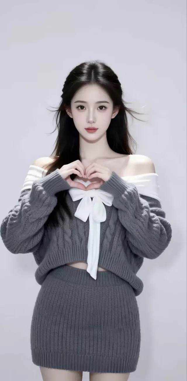 长发美女穿灰针织露肩套装比心手势人物手机壁纸