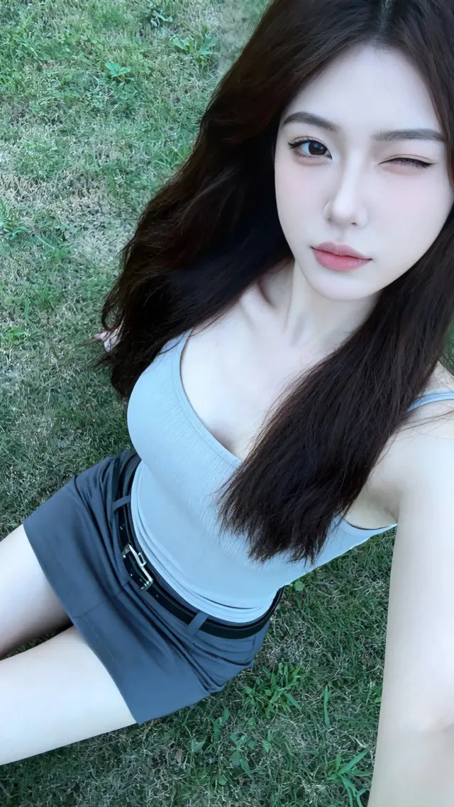 草地侧躺灰裙少女清新写真人物手机壁纸