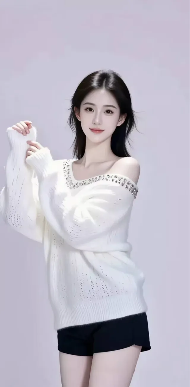 短发美女穿白镶钻毛衣配黑短裤人物手机壁纸