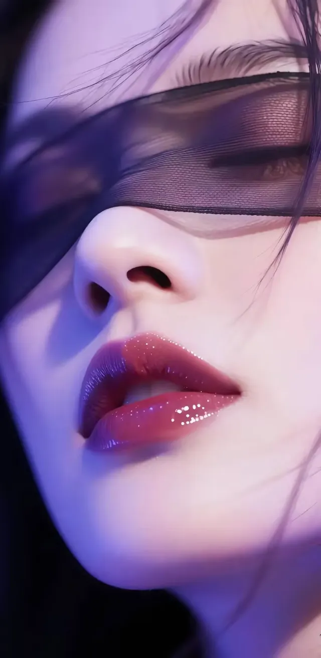 紫蓝光影黑纱遮眼闪粉唇妆女性特写手机壁纸