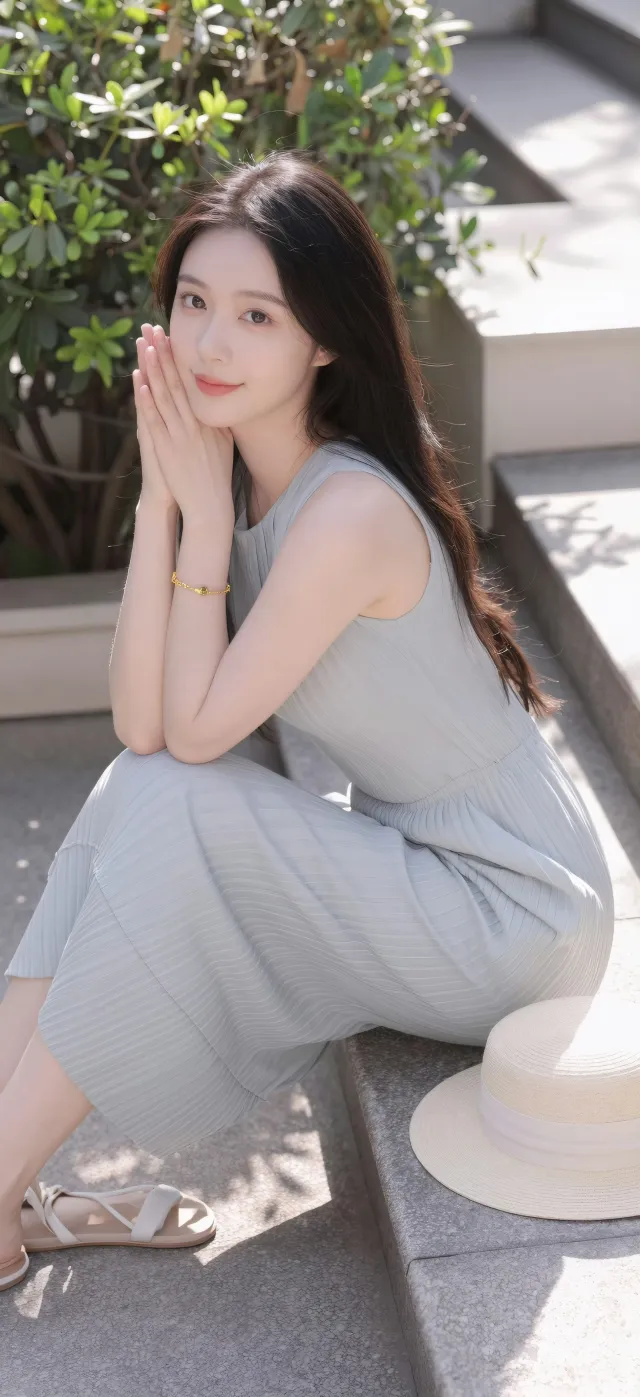 石阶花园蓝裙美女托腮微笑户外摄影手机壁纸