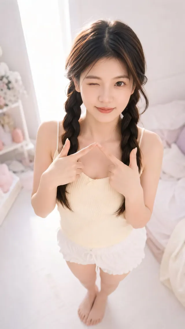 双麻花辫美女室内比心穿吊带短裤甜美生活摄影手机壁纸