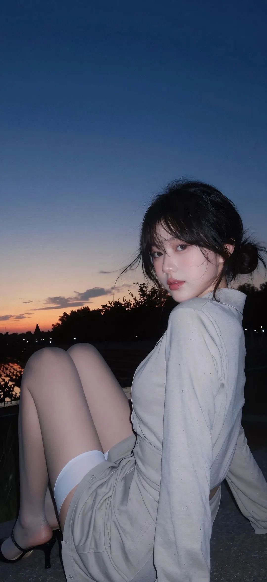 美女黄昏户外坐姿人像摄影手机壁纸