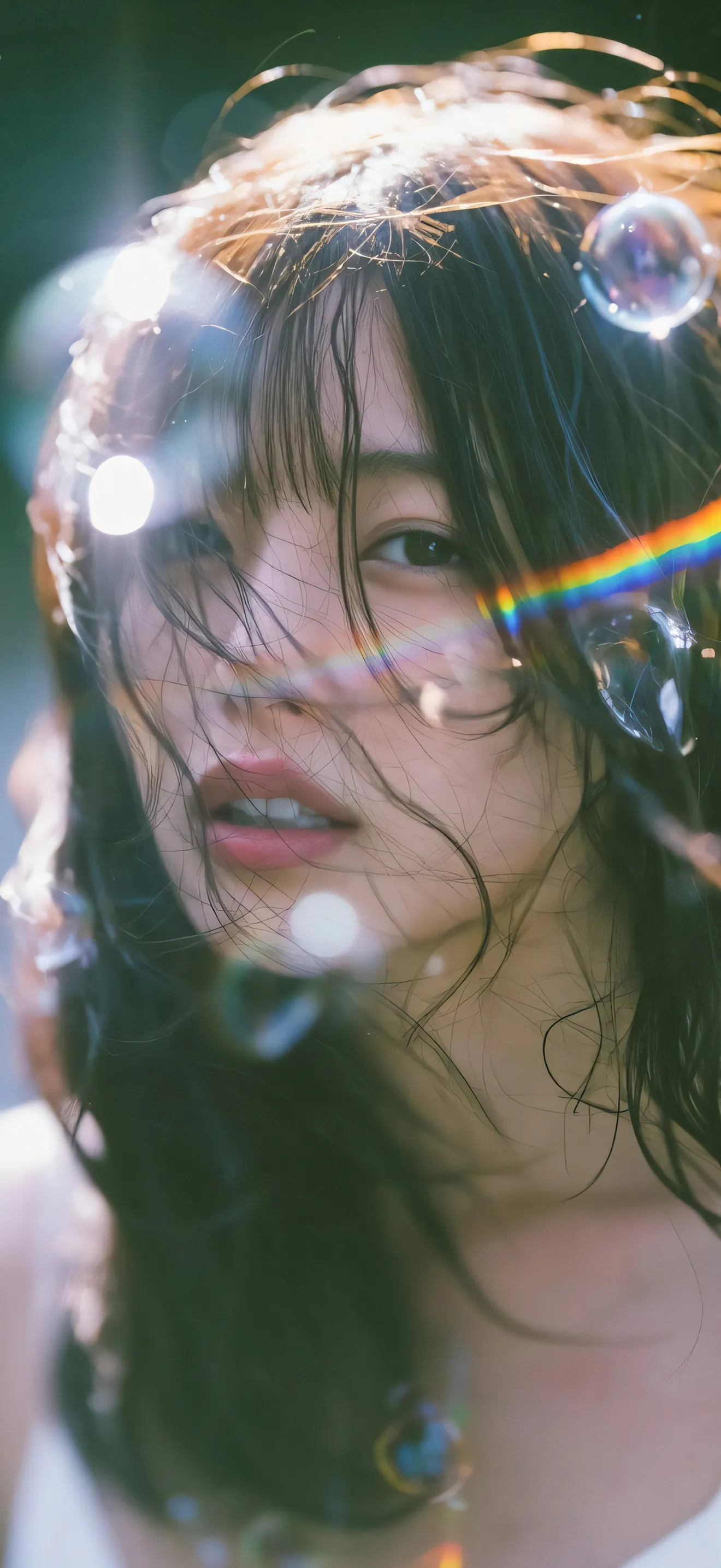 黑发美女雨中撑伞彩虹光斑唯美写真美女手机壁纸