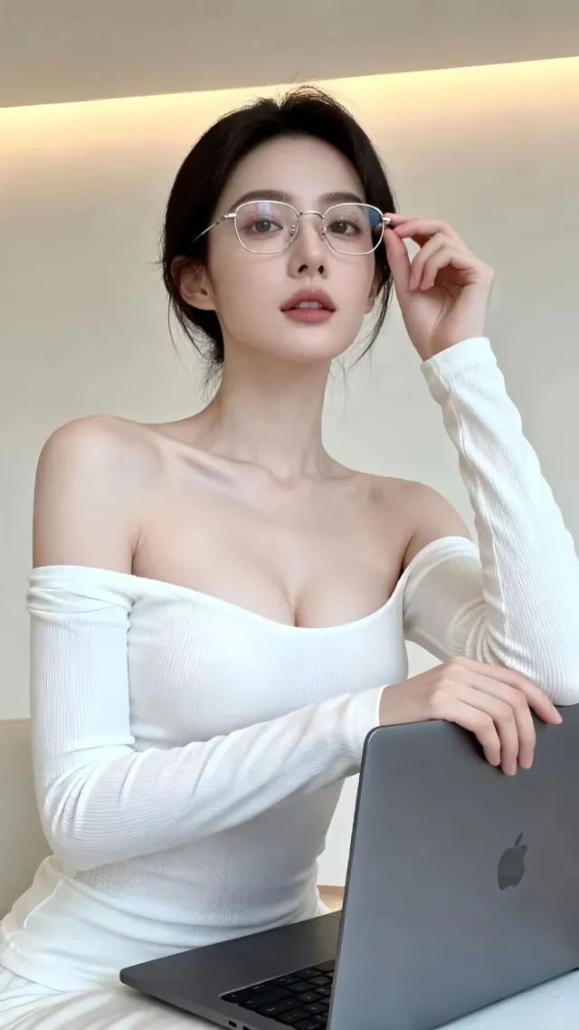 戴眼镜盘发女子办公室MacBook知性写真手机壁纸