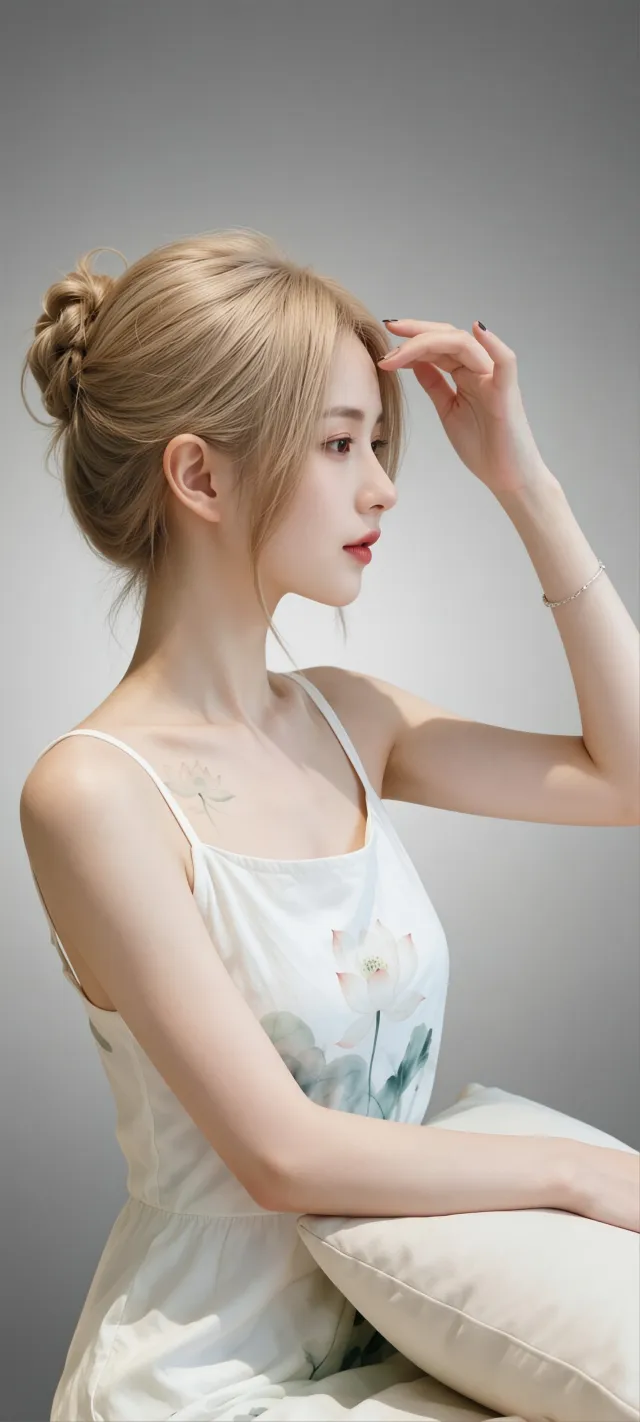 金发盘发莲花白裙侧颜美女手机壁纸