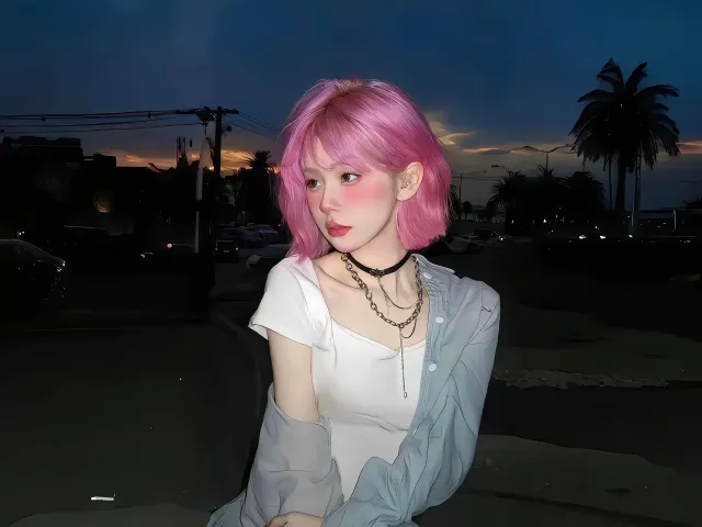 粉色短发女性夜景街头时尚穿搭都市风格电脑壁纸