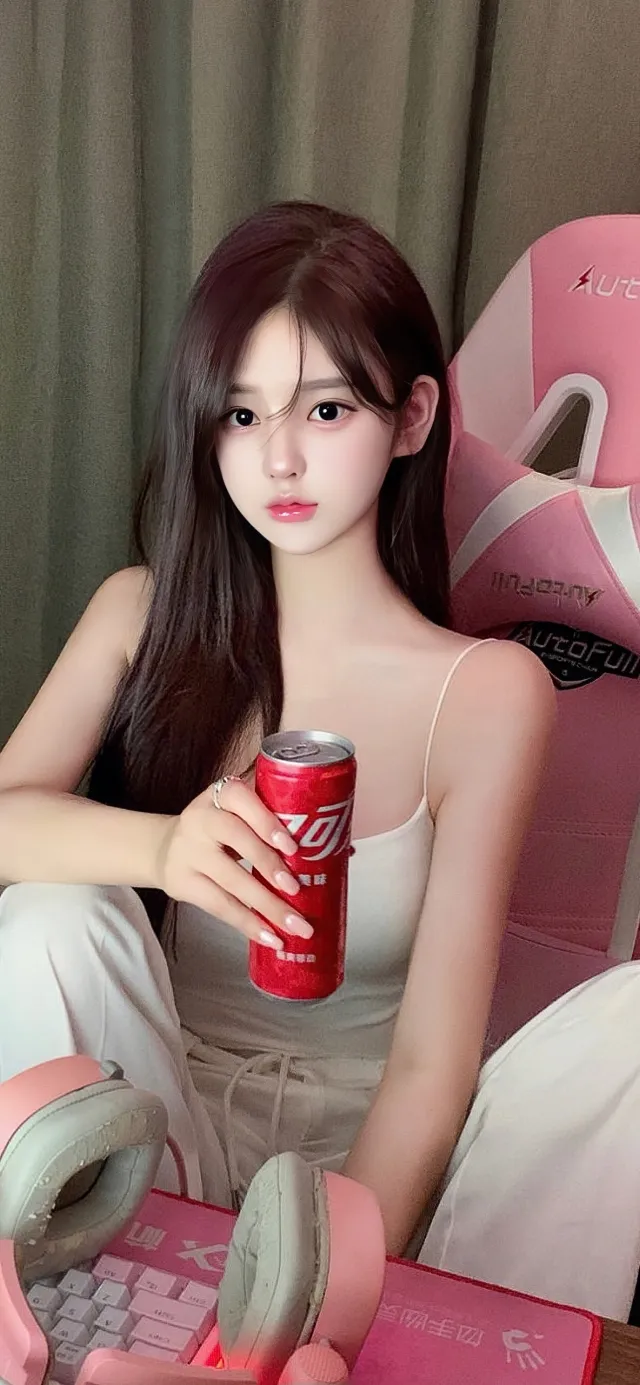 粉电竞椅美女白吊带红可乐游戏氛围手机壁纸