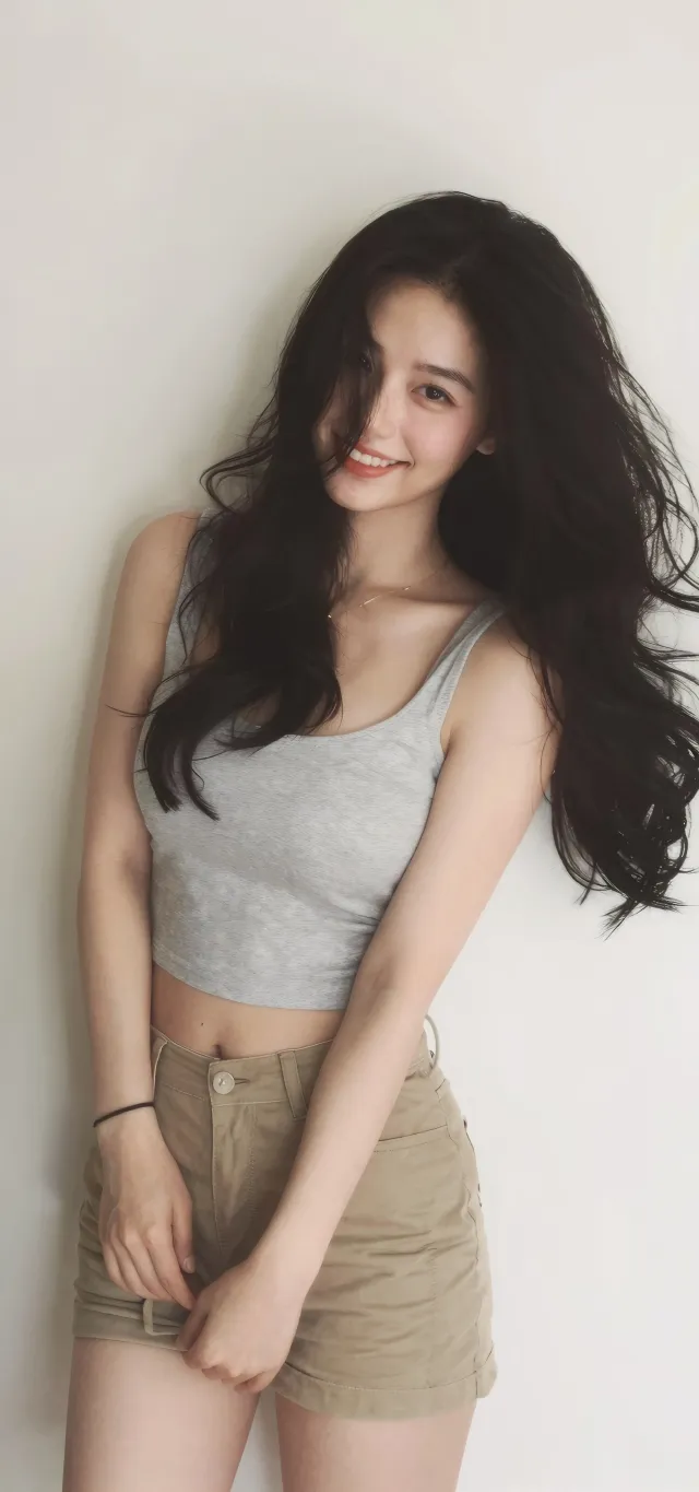 清新甜美长发气质灰背心美女手机壁纸
