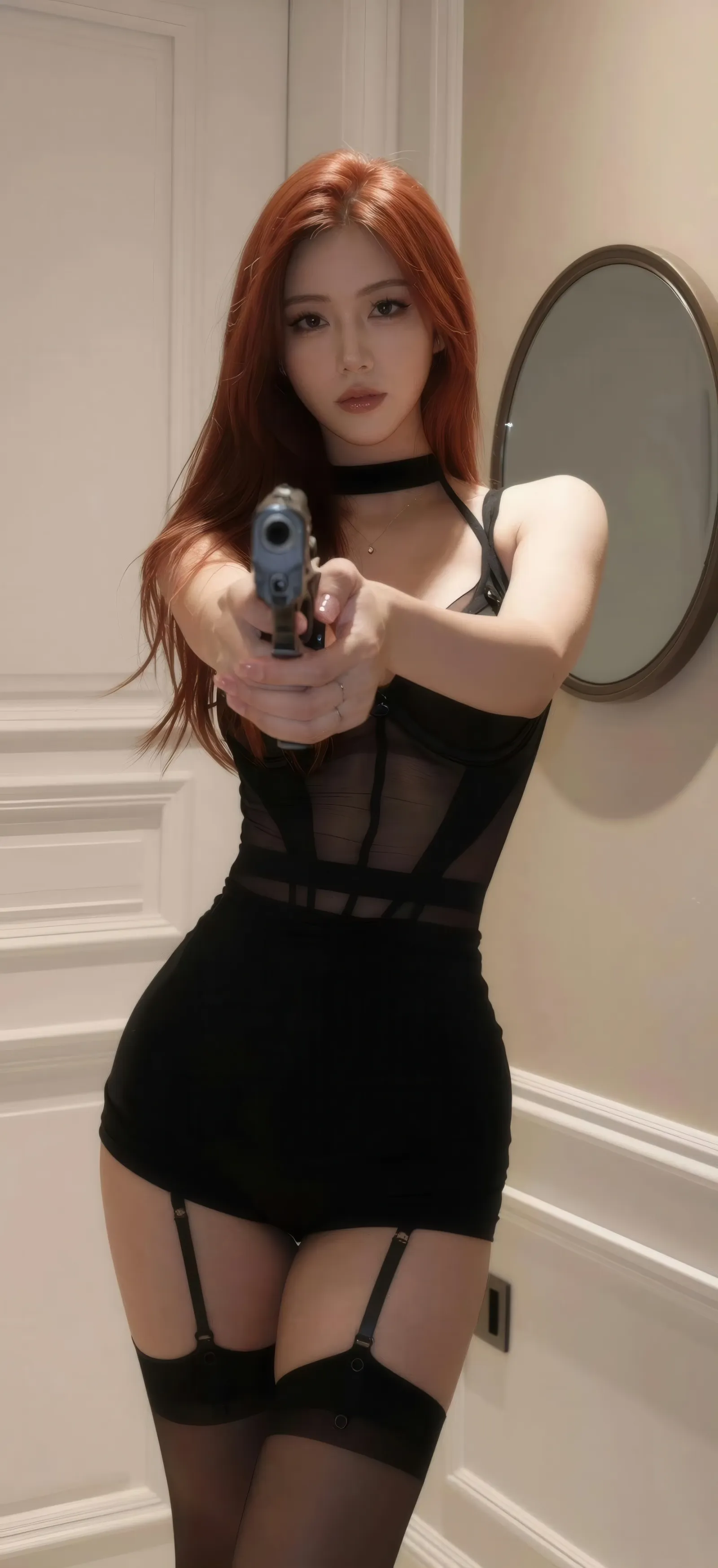 红发美女特工持枪黑色连体丝袜酷飒人物手机壁纸