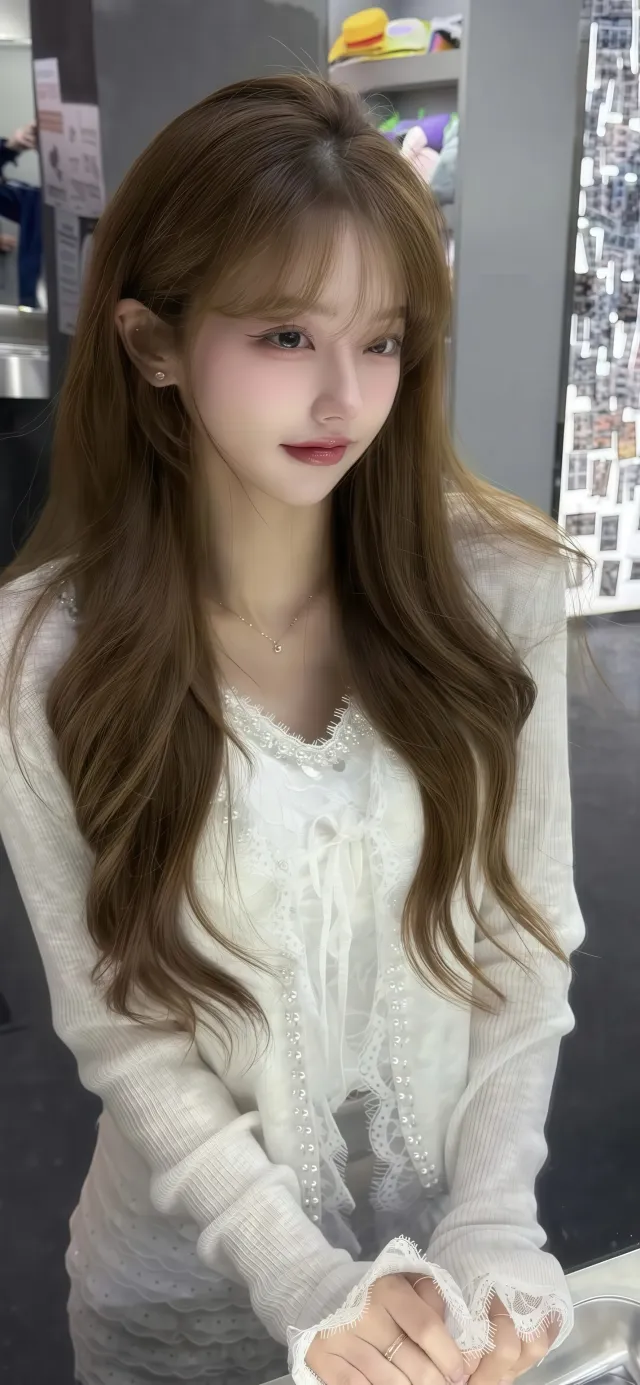 白色蕾丝开衫美女长发温柔人像手机壁纸