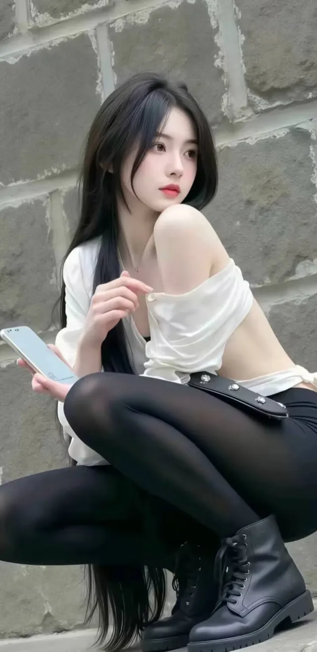 白色露肩上衣美女黑色紧身裤石墙前蹲姿人物手机壁纸