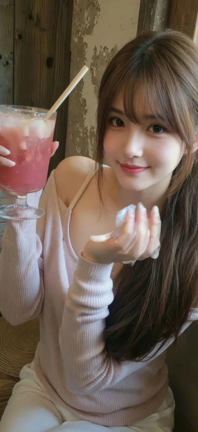 粉色针织衫女性手持饮品甜美风格人物手机壁纸
