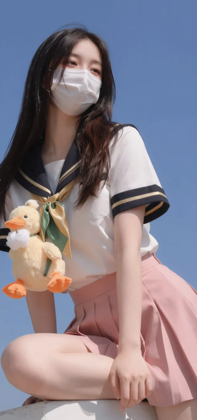 美女水手服抱小鸭玩偶蓝天摄影手机壁纸