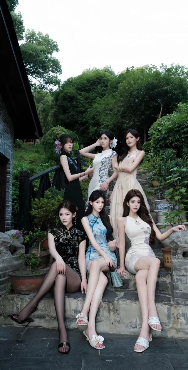 五位美女旗袍合影庭院优雅人像摄影手机壁纸
