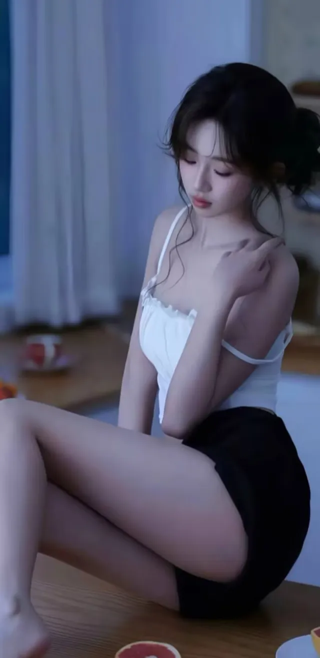 美女白色吊带黑色短裤木桌旁居家纯欲风写真人物手机壁纸