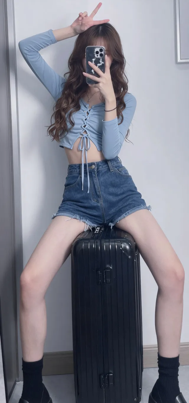 蓝衣美女坐行李箱对镜比耶俏皮旅行风人像摄影人物手机壁纸