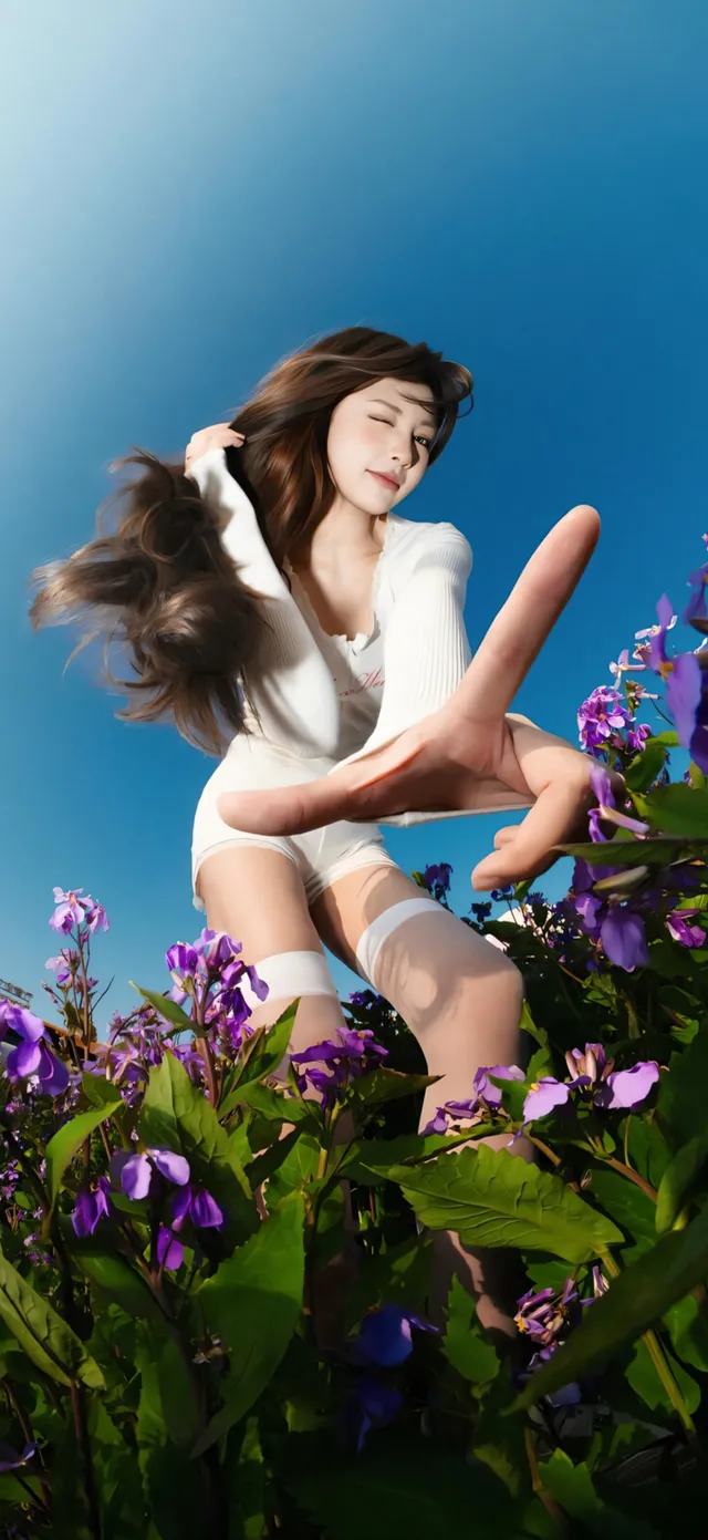 白裙美女花丛中比耶互动蓝天写真美女手机壁纸