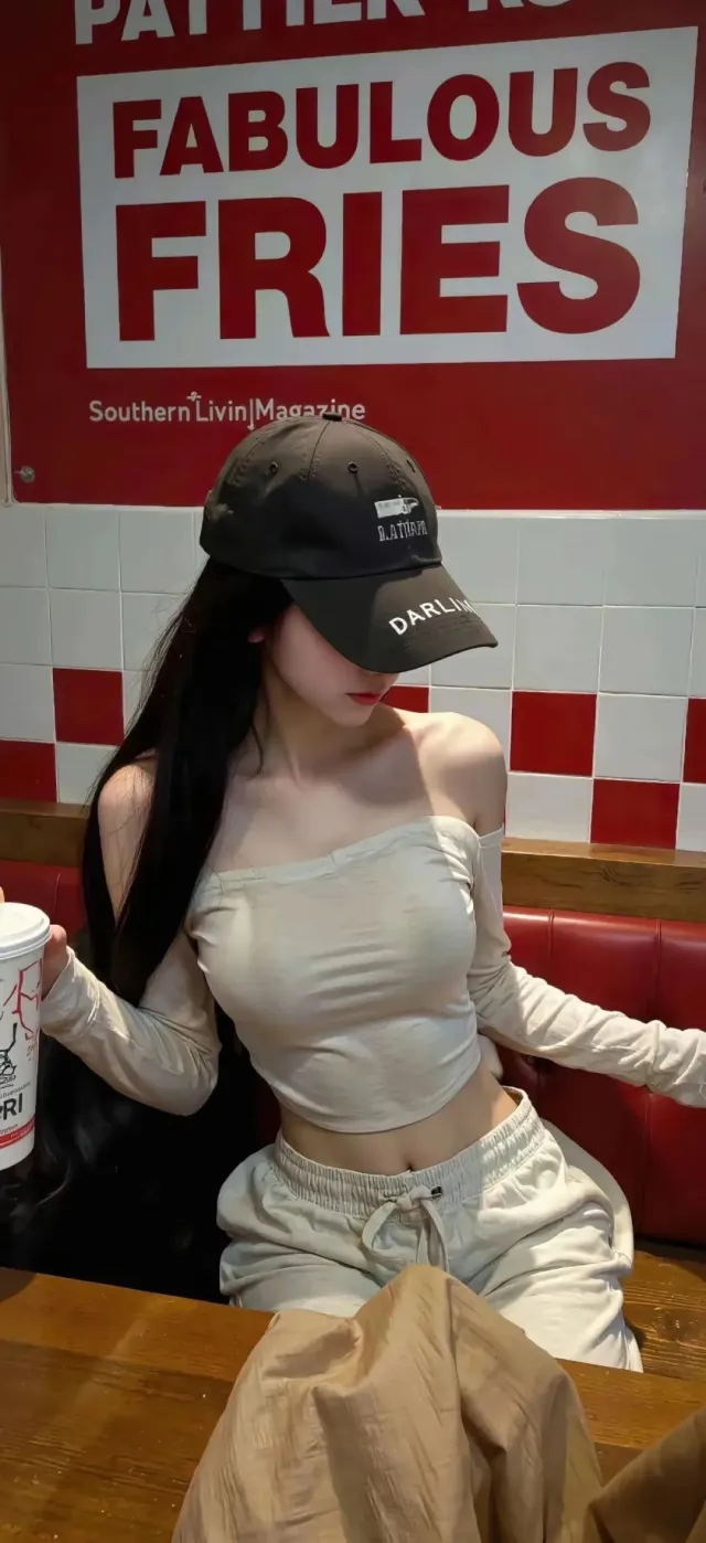 美式餐厅时尚女孩戴帽手持饮料休闲风手机壁纸