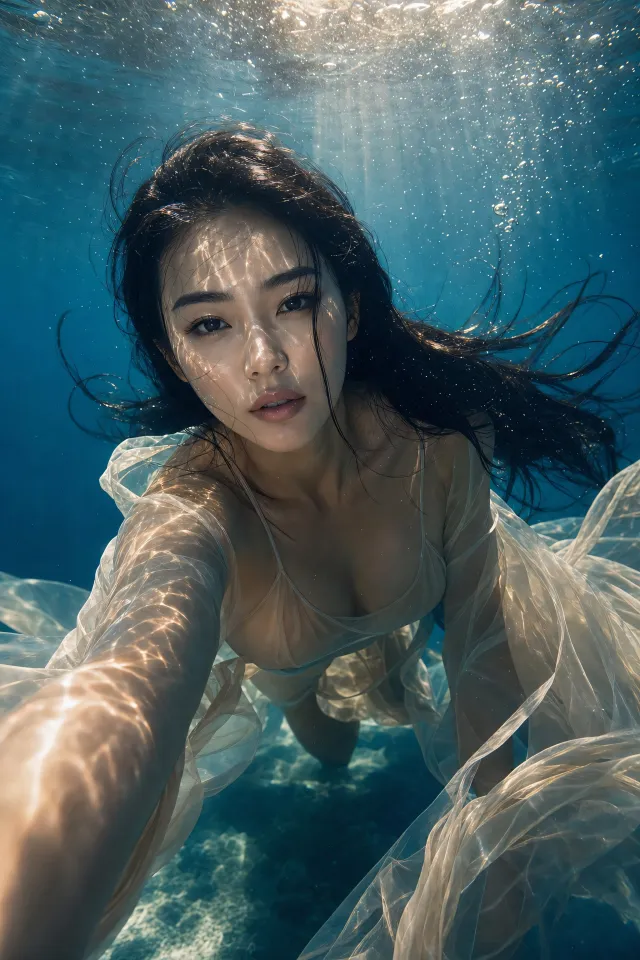 美女水下浅纱裙长发飘散光影人像摄影手机壁纸