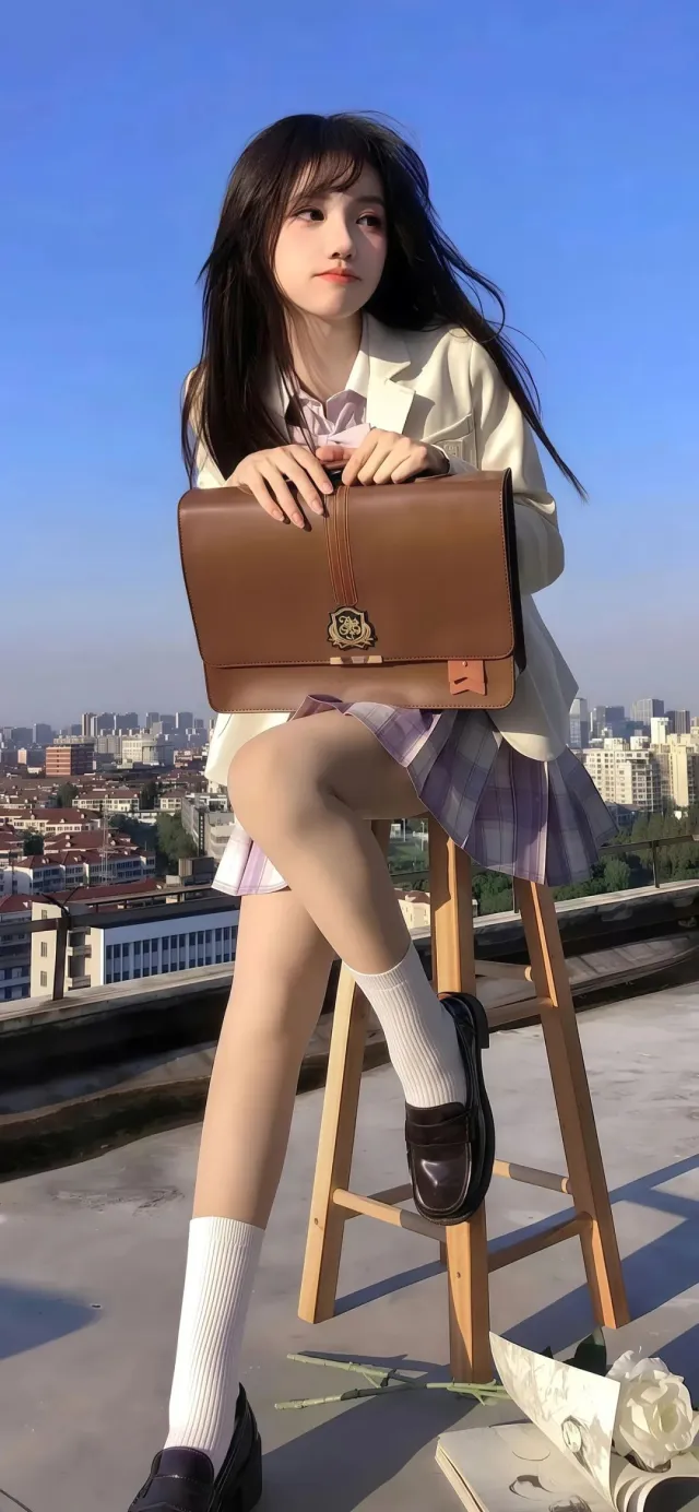 JK制服少女坐天台抱棕色书包校园美女手机壁纸