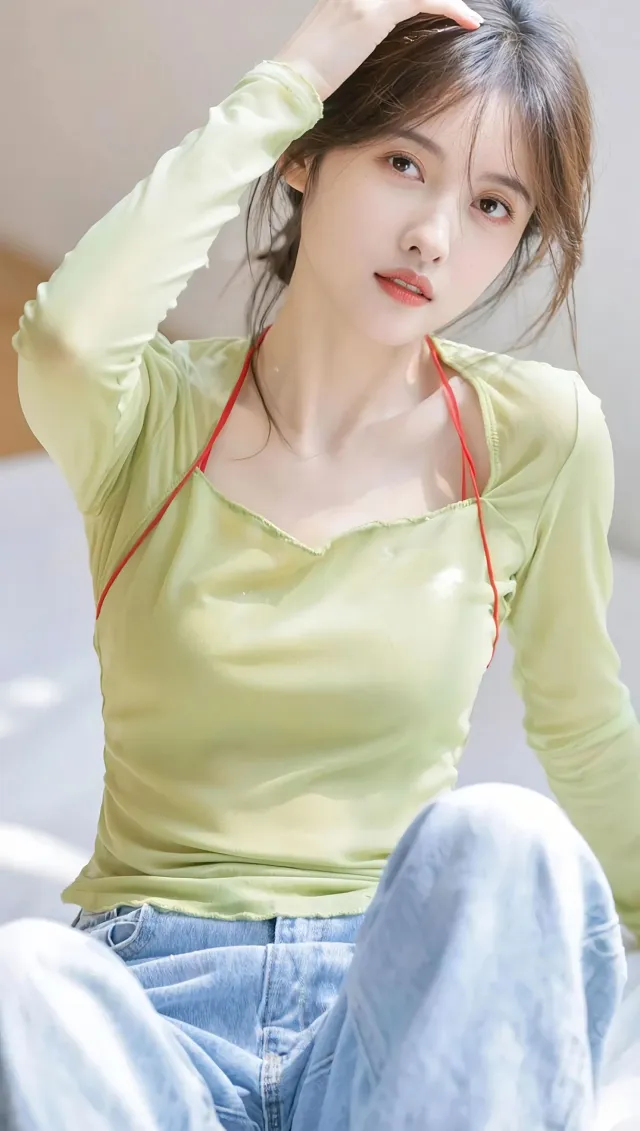清新少女浅绿薄纱上衣红细带搭配牛仔裤坐姿写真手机壁纸