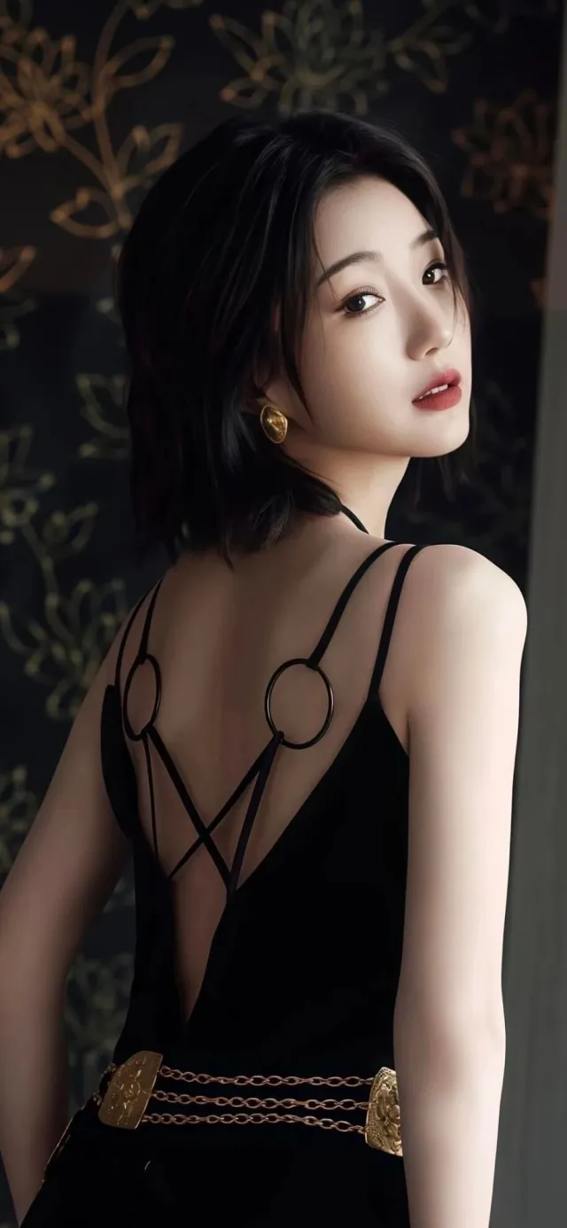 黑露背礼服金色腰带时尚美女手机壁纸