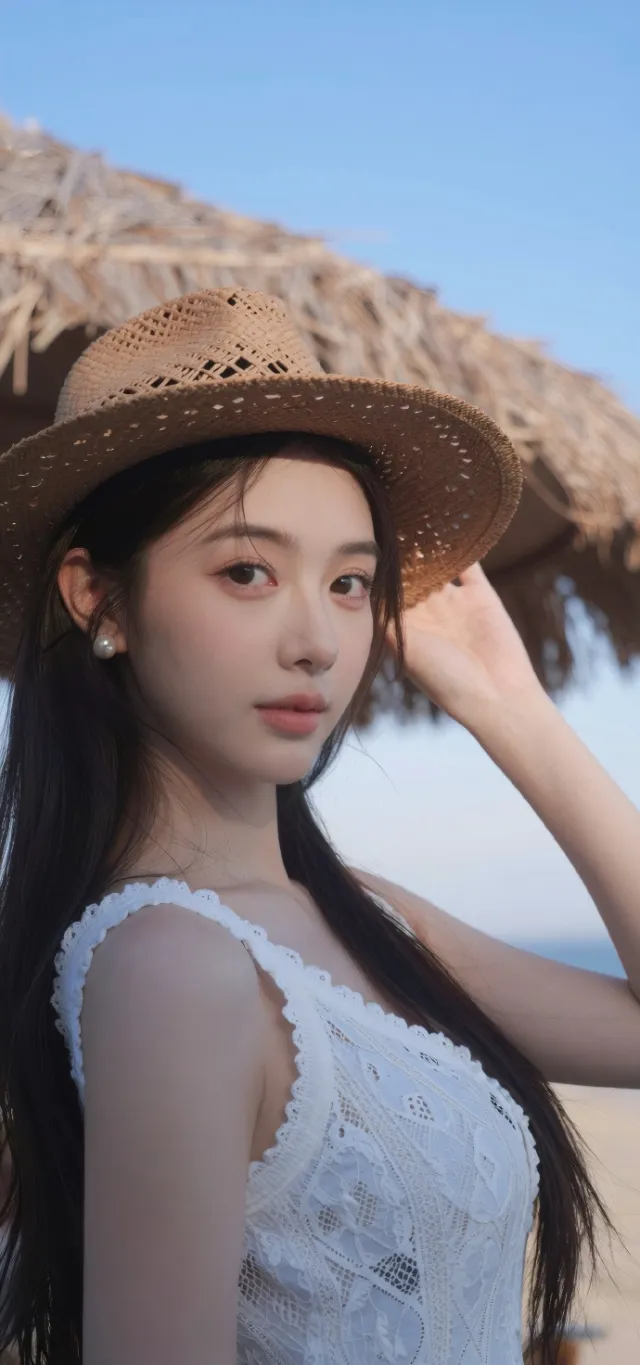 美女草帽白蕾丝裙海边度假人物手机壁纸