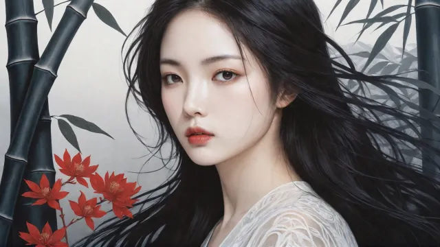 长发女孩 竹 古风图片壁纸