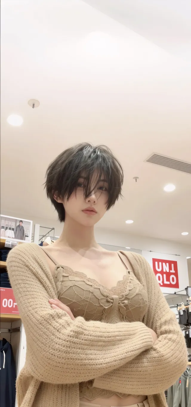 美女短发身穿米色蕾丝吊带外搭针织开衫人物手机壁纸