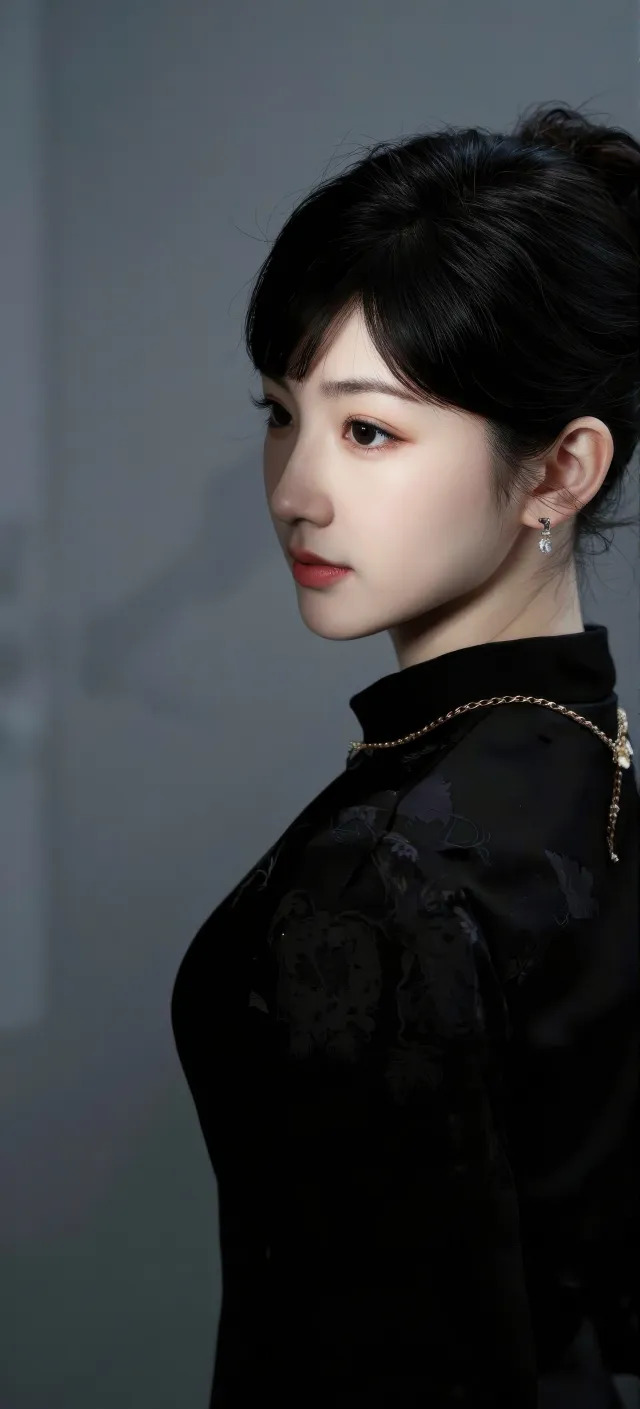 盘发美女黑旗袍侧颜典雅人物摄影手机壁纸