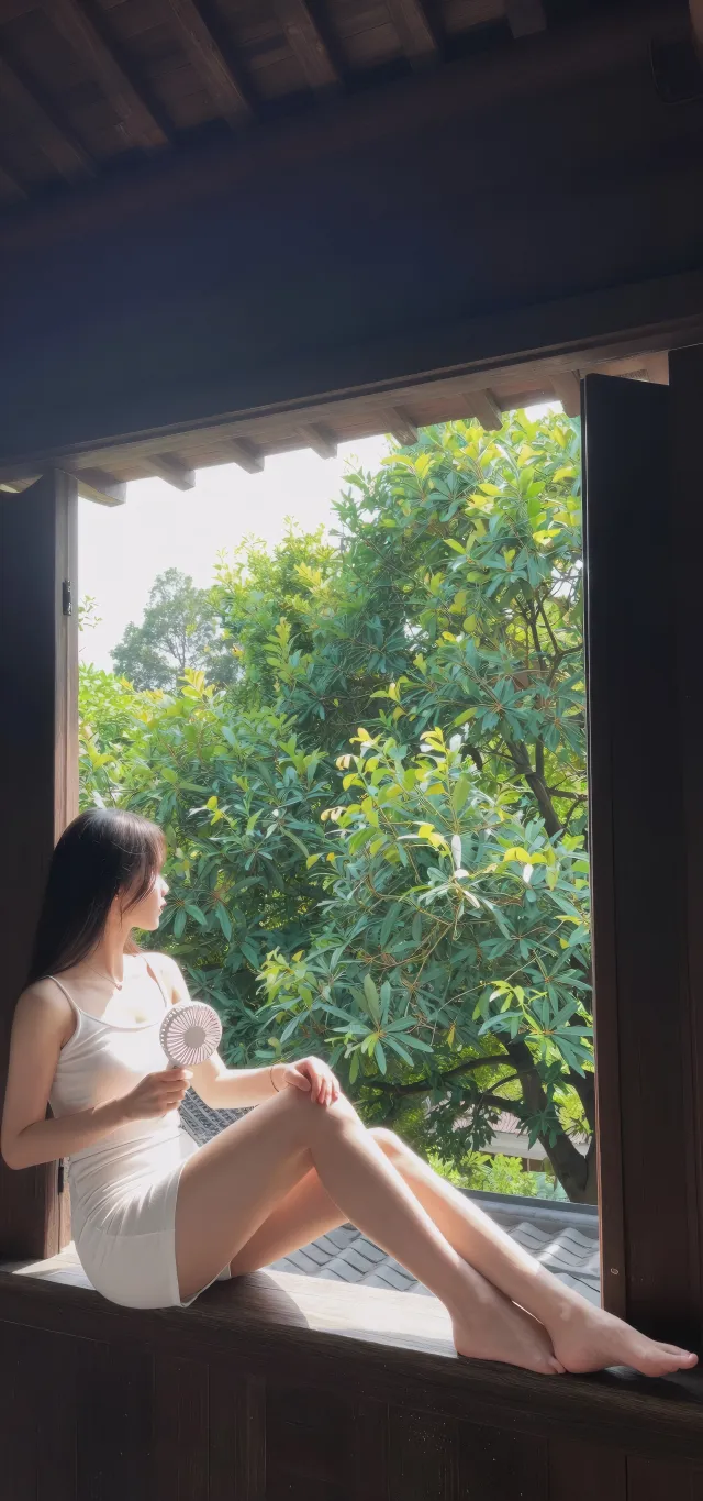 白衣少女坐窗台持扇望绿树清新风手机壁纸