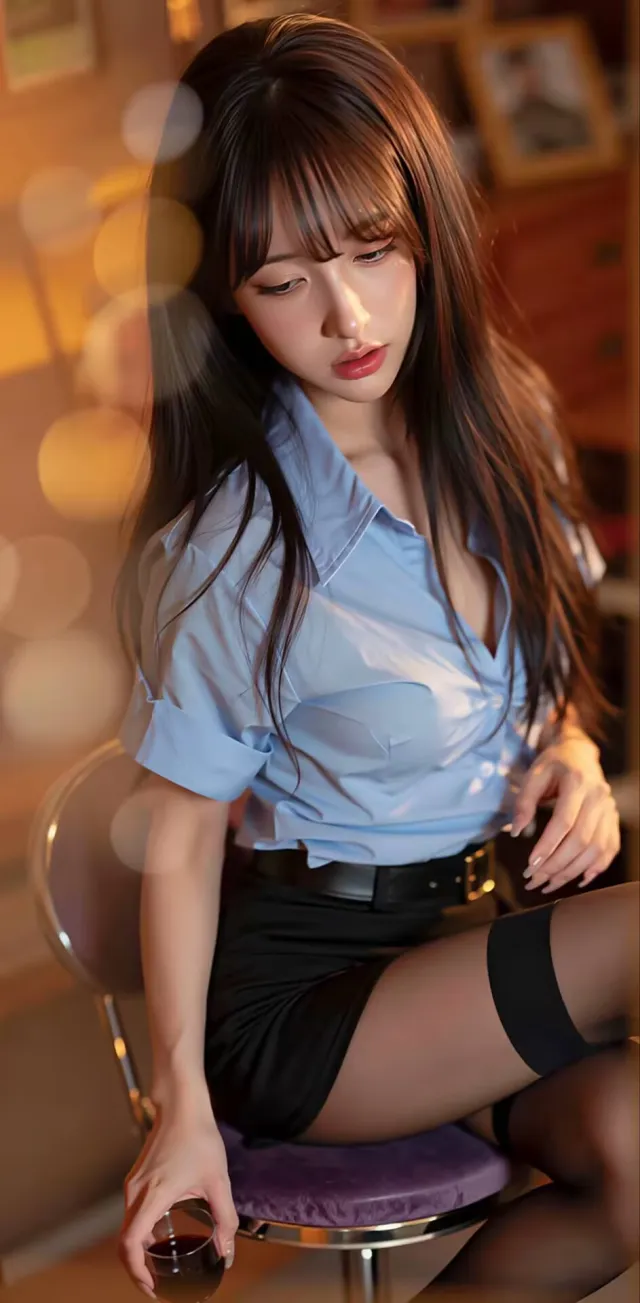 蓝衬衫黑短裙美女持酒杯沉思性感手机壁纸
