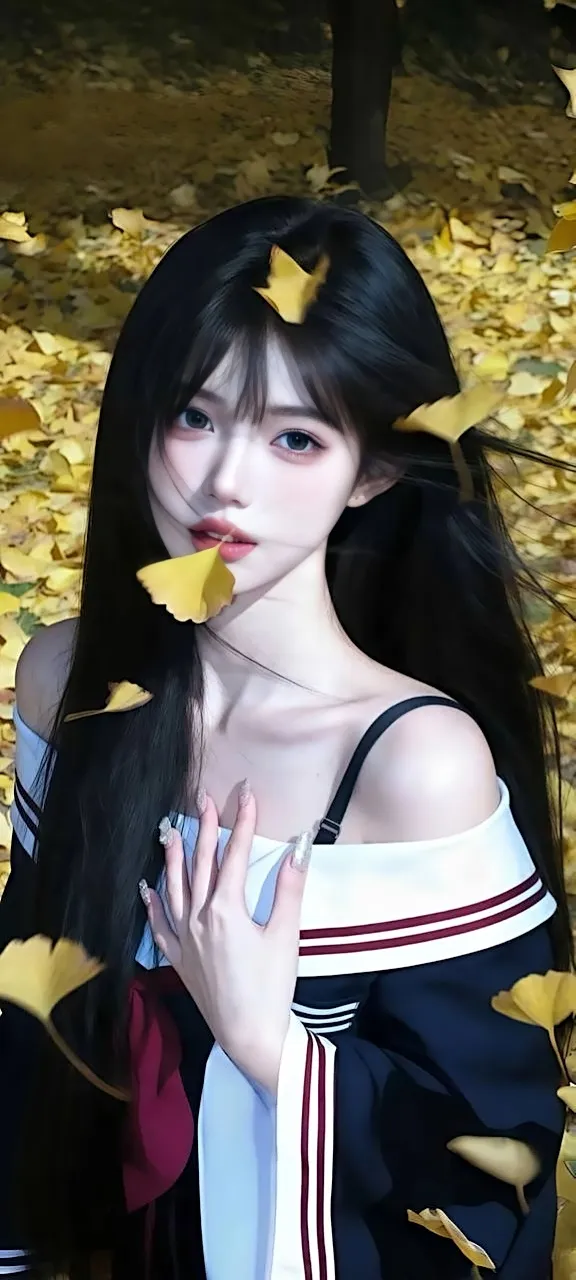 银杏叶中水手服少女清新自然秋日氛围人像摄影手机壁纸