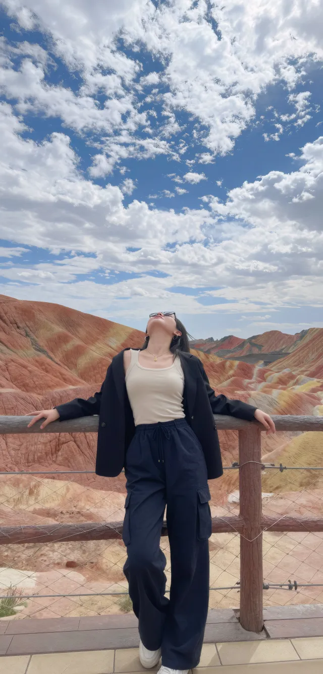 七彩丹霞蓝天仰望旅行美女打卡风景手机壁纸