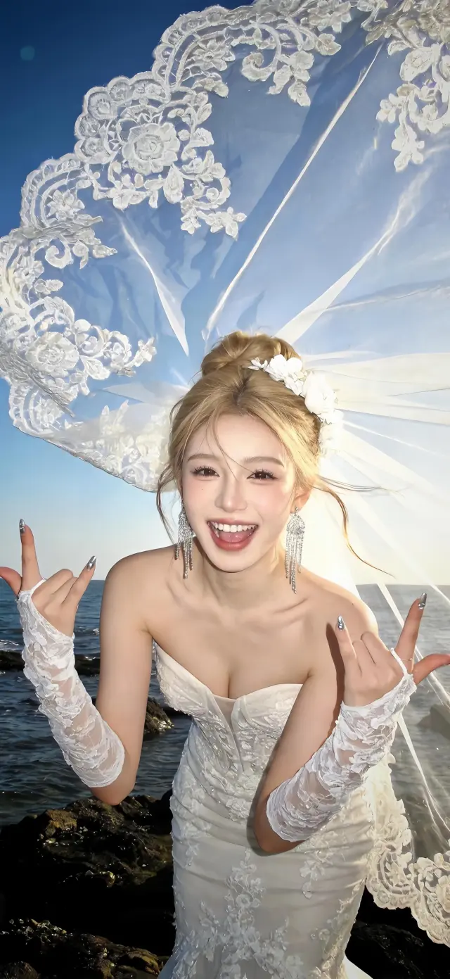 海边婚纱美女金发白纱裙蕾丝手套比心浪漫摄影美女手机壁纸