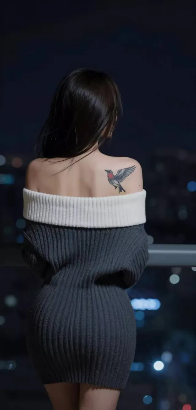 美女穿露肩针织裙背对镜头肩有飞鸟纹身美女手机壁纸