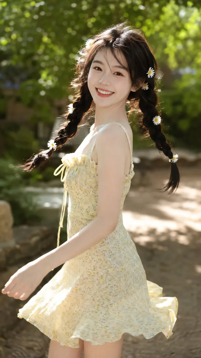 美女黄色碎花裙双马尾戴雏菊发饰阳光笑容人物摄影手机壁纸