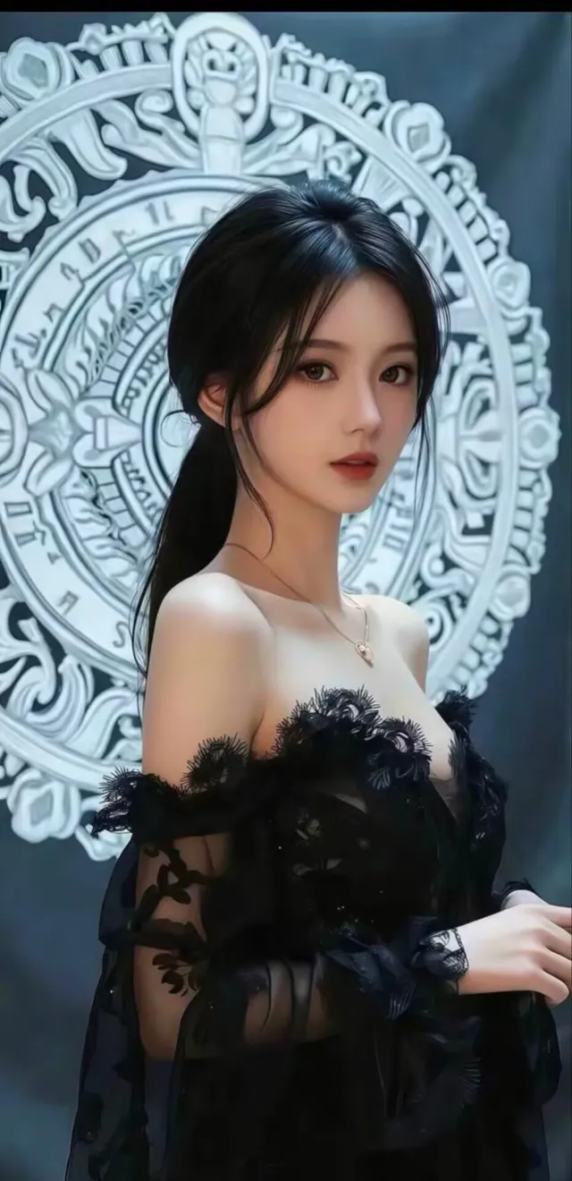 黑色蕾丝露肩礼服美女复古背景写真手机壁纸