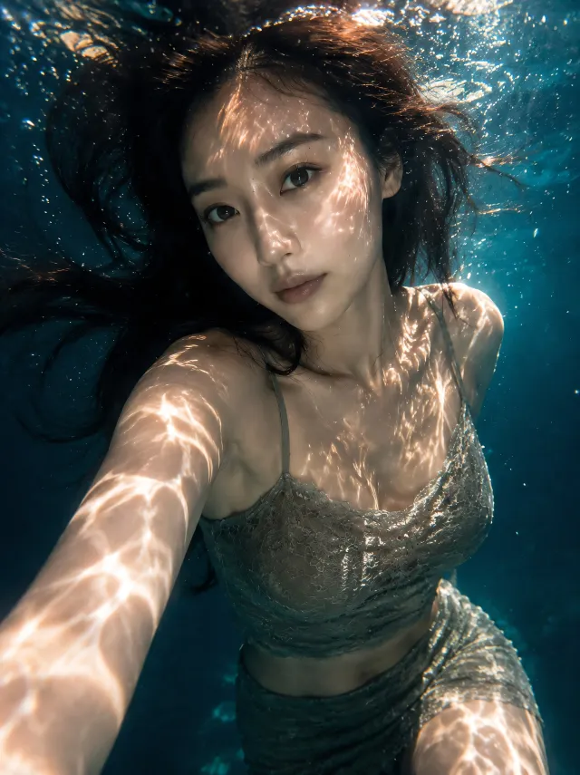 美女水下蕾丝吊带裙长发飘散光影人像摄影手机壁纸