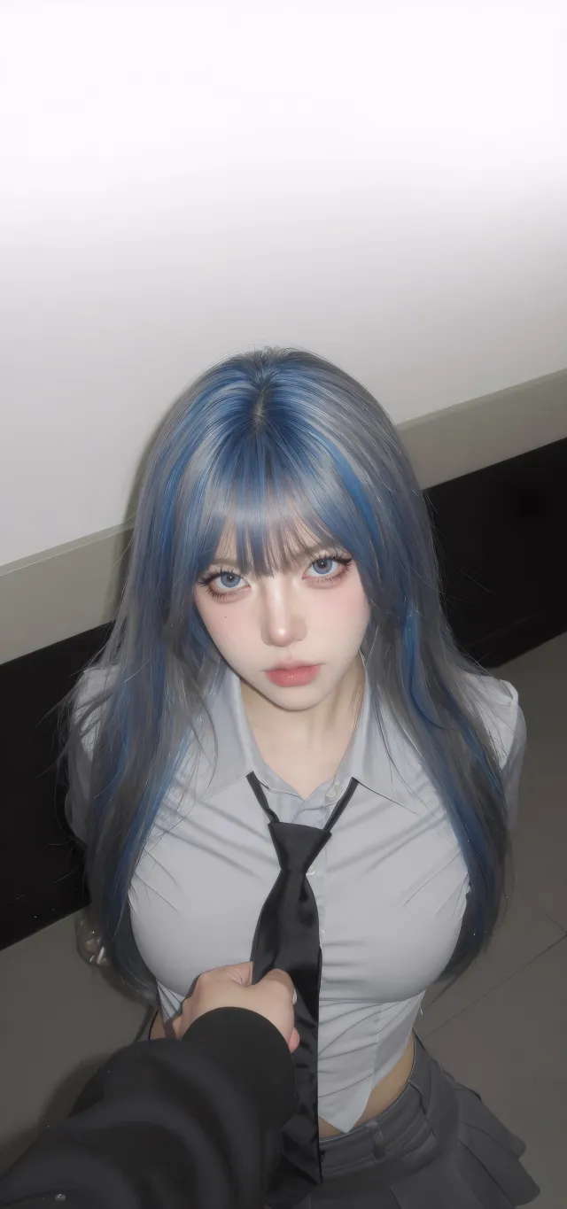 蓝发少女抓领带互动视角人物手机壁纸