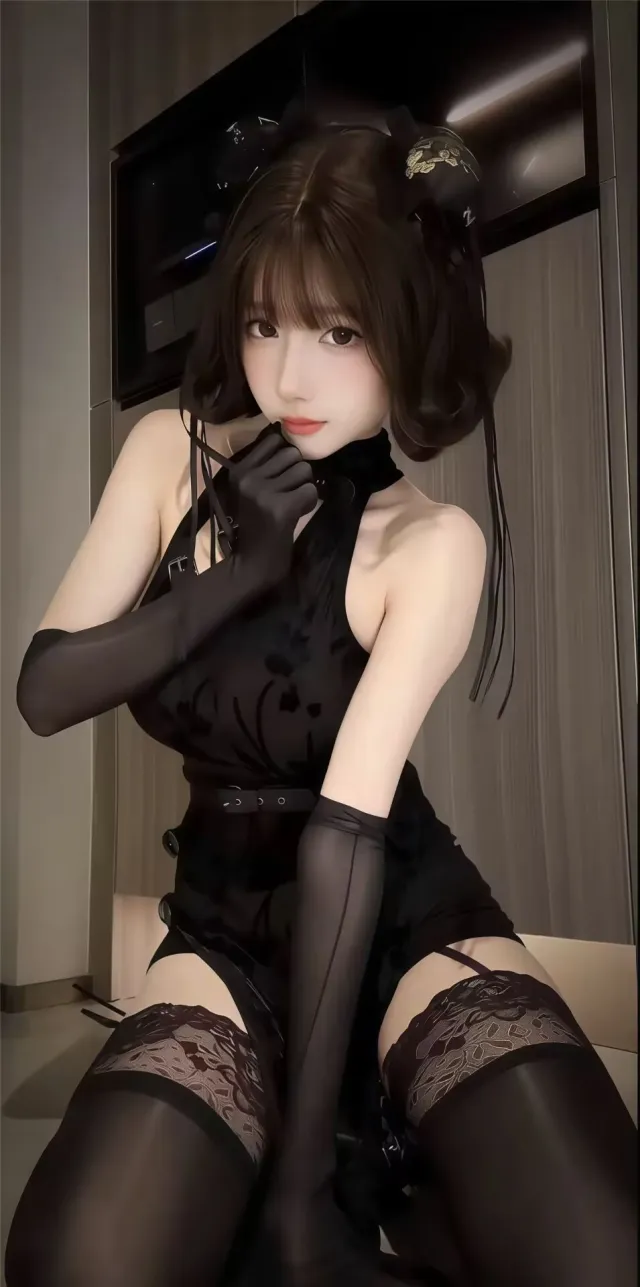 黑旗袍蕾丝袜美女暗黑风人像摄影手机壁纸