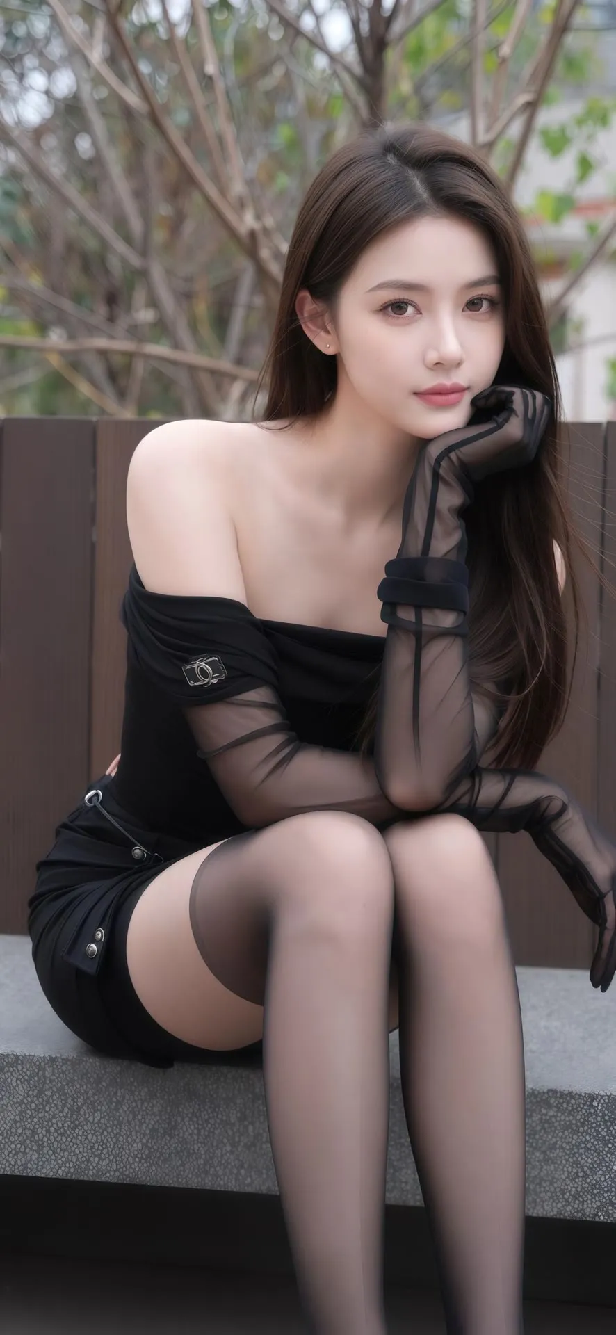 黑裙美女优雅坐姿户外写真电脑壁纸