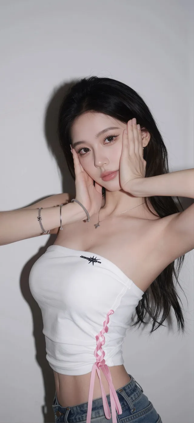 清冷气质白色抹胸牛仔裤时尚美女手机壁纸