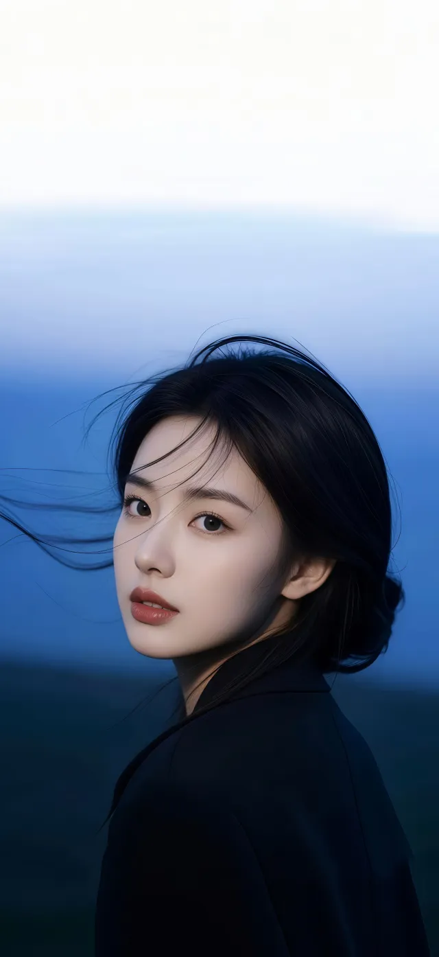 海边蓝调侧颜回眸气质美女手机壁纸