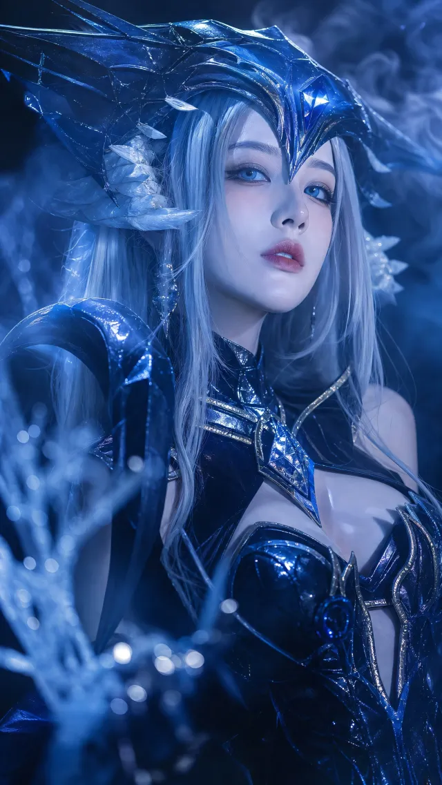 冰晶王冠蓝甲银发美女冰雪主题奇幻人物手机壁纸
