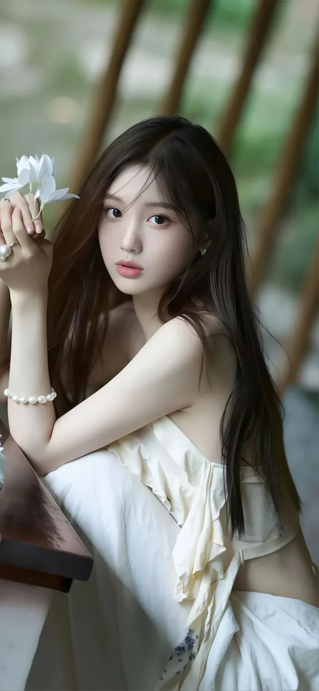 美女白褶裙珍珠捧白花窗边甜美摄影手机壁纸